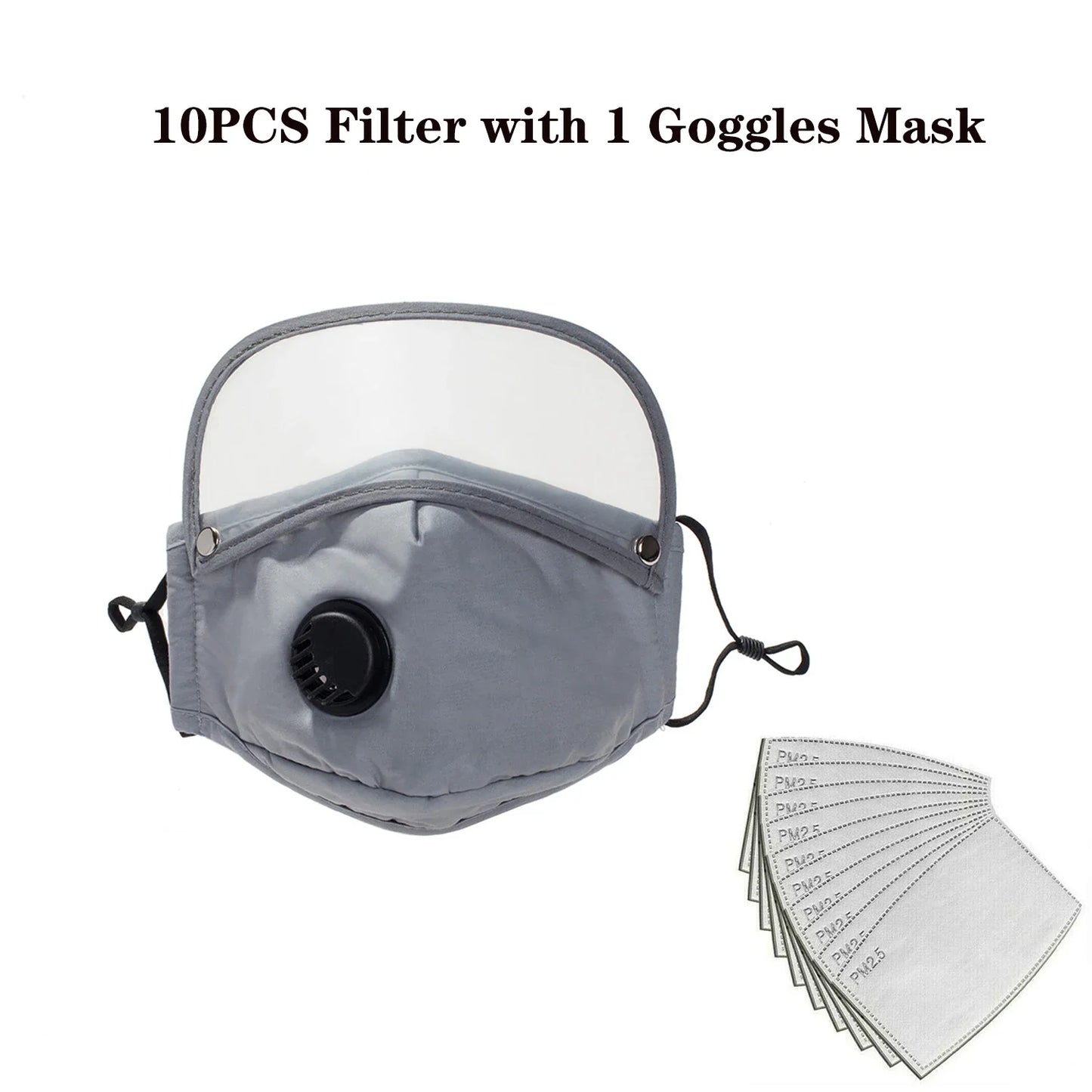 FLCOSLY Reusable PM2.5 Mask With 10 Replaceable Filters Windproof Valve Goggles For Adults