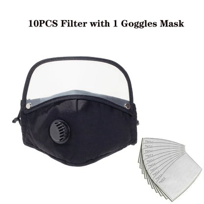 FLCOSLY Reusable PM2.5 Mask With 10 Replaceable Filters Windproof Valve Goggles For Adults